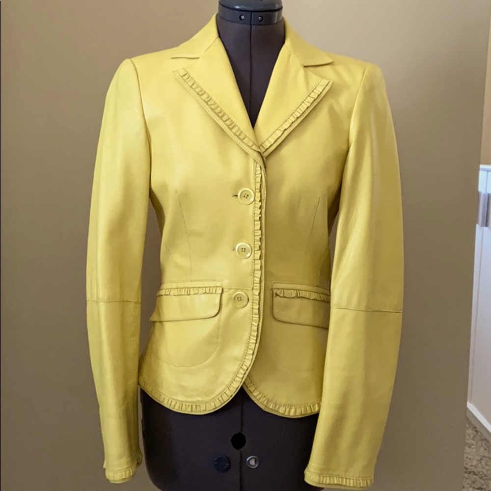 Ruffle trim Yellow Leather Jacket